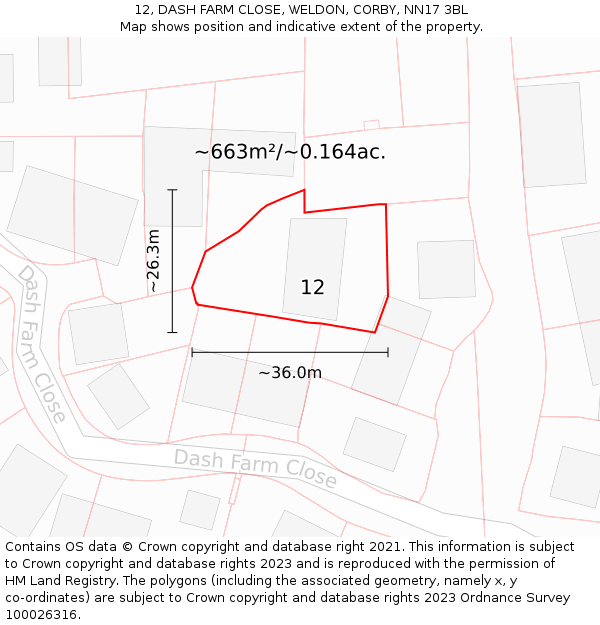 12, DASH FARM CLOSE, WELDON, CORBY, NN17 3BL: Plot and title map