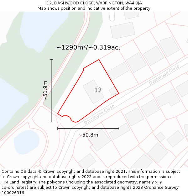12, DASHWOOD CLOSE, WARRINGTON, WA4 3JA: Plot and title map