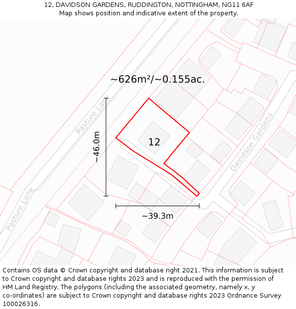 12, DAVIDSON GARDENS, RUDDINGTON, NOTTINGHAM, NG11 6AF: Plot and title map