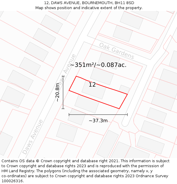 12, DAWS AVENUE, BOURNEMOUTH, BH11 8SD: Plot and title map