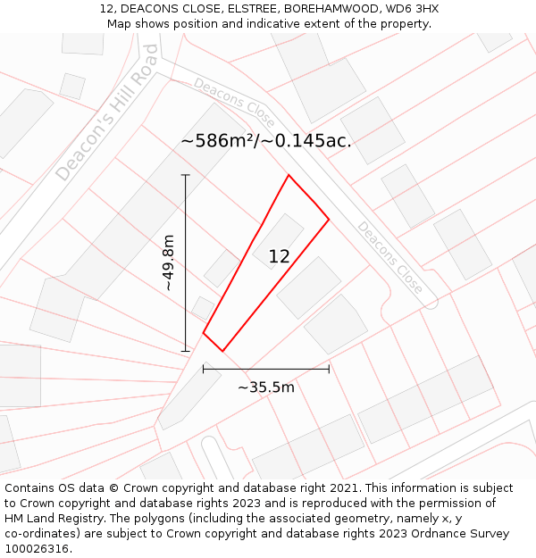 12, DEACONS CLOSE, ELSTREE, BOREHAMWOOD, WD6 3HX: Plot and title map