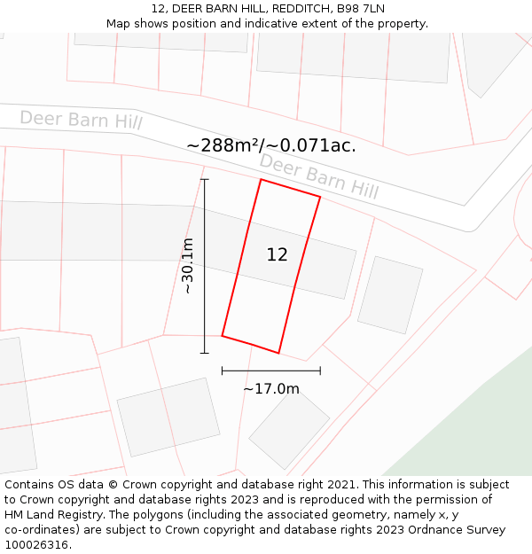 12, DEER BARN HILL, REDDITCH, B98 7LN: Plot and title map