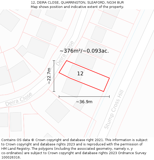 12, DEIRA CLOSE, QUARRINGTON, SLEAFORD, NG34 8UR: Plot and title map