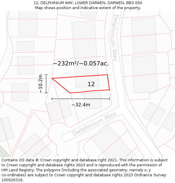 12, DELPHINIUM WAY, LOWER DARWEN, DARWEN, BB3 0SX: Plot and title map