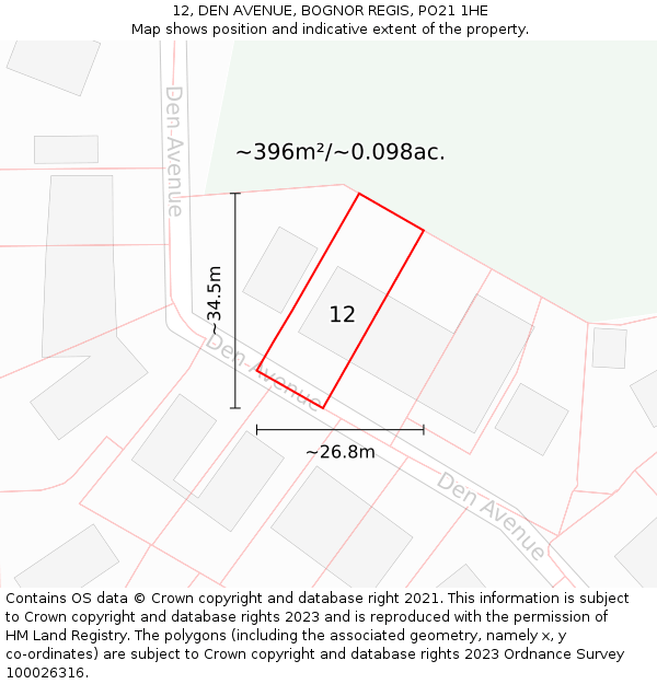 12, DEN AVENUE, BOGNOR REGIS, PO21 1HE: Plot and title map