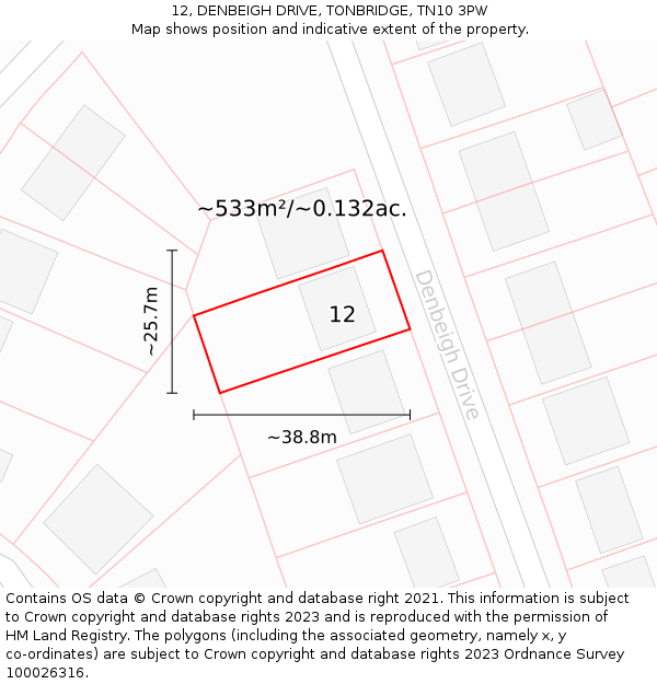 12, DENBEIGH DRIVE, TONBRIDGE, TN10 3PW: Plot and title map