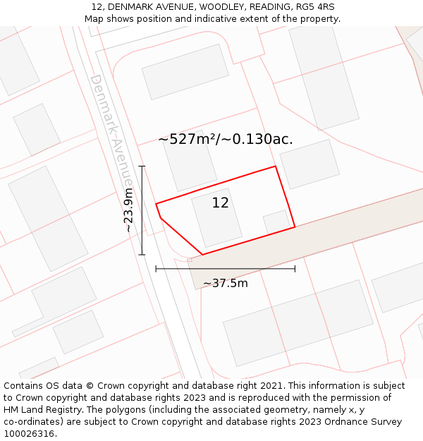 12, DENMARK AVENUE, WOODLEY, READING, RG5 4RS: Plot and title map