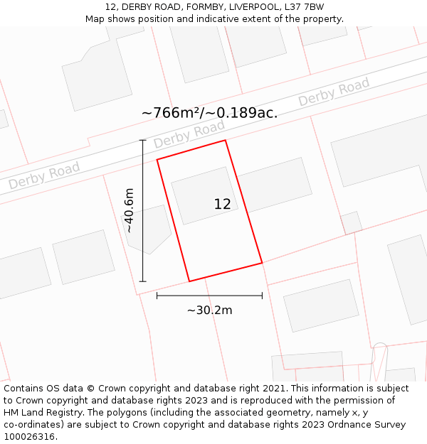 12, DERBY ROAD, FORMBY, LIVERPOOL, L37 7BW: Plot and title map