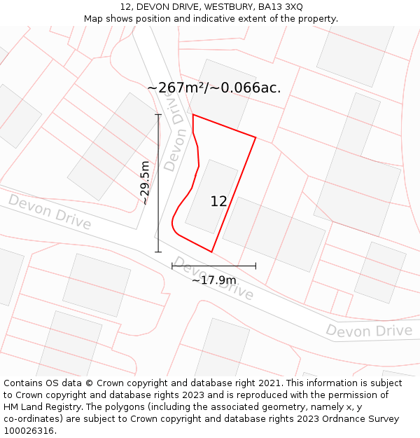 12, DEVON DRIVE, WESTBURY, BA13 3XQ: Plot and title map