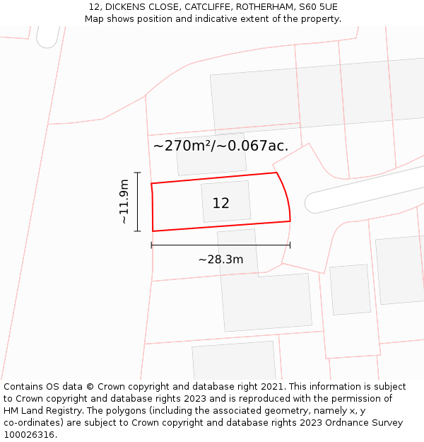 12, DICKENS CLOSE, CATCLIFFE, ROTHERHAM, S60 5UE: Plot and title map