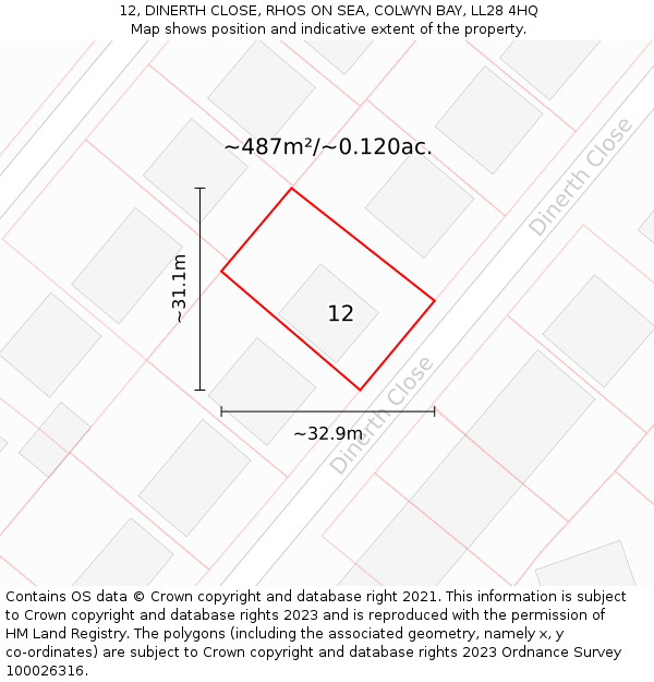 12, DINERTH CLOSE, RHOS ON SEA, COLWYN BAY, LL28 4HQ: Plot and title map
