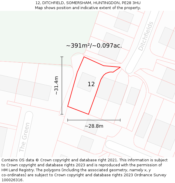 12, DITCHFIELD, SOMERSHAM, HUNTINGDON, PE28 3HU: Plot and title map