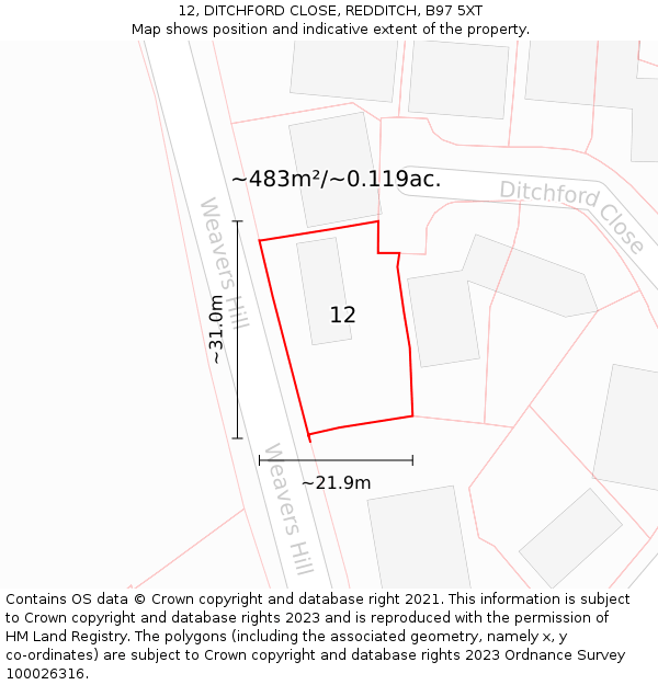 12, DITCHFORD CLOSE, REDDITCH, B97 5XT: Plot and title map