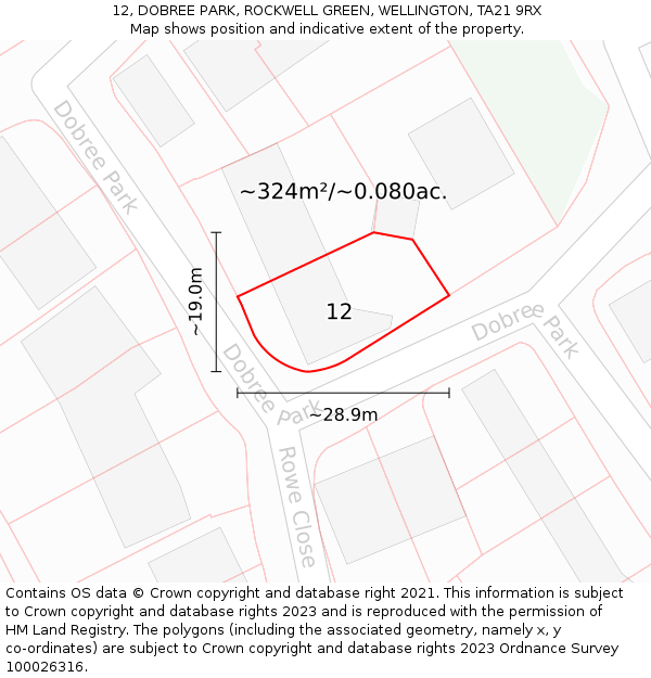 12, DOBREE PARK, ROCKWELL GREEN, WELLINGTON, TA21 9RX: Plot and title map