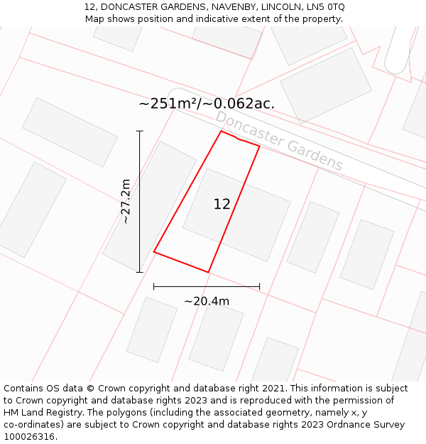 12, DONCASTER GARDENS, NAVENBY, LINCOLN, LN5 0TQ: Plot and title map