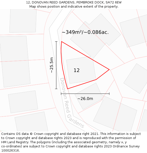 12, DONOVAN REED GARDENS, PEMBROKE DOCK, SA72 6EW: Plot and title map