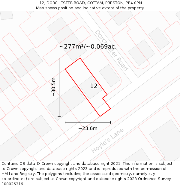 12, DORCHESTER ROAD, COTTAM, PRESTON, PR4 0PN: Plot and title map