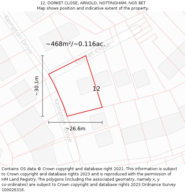 12, DORKET CLOSE, ARNOLD, NOTTINGHAM, NG5 8ET: Plot and title map