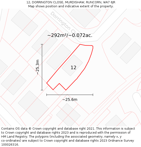 12, DORRINGTON CLOSE, MURDISHAW, RUNCORN, WA7 6JR: Plot and title map