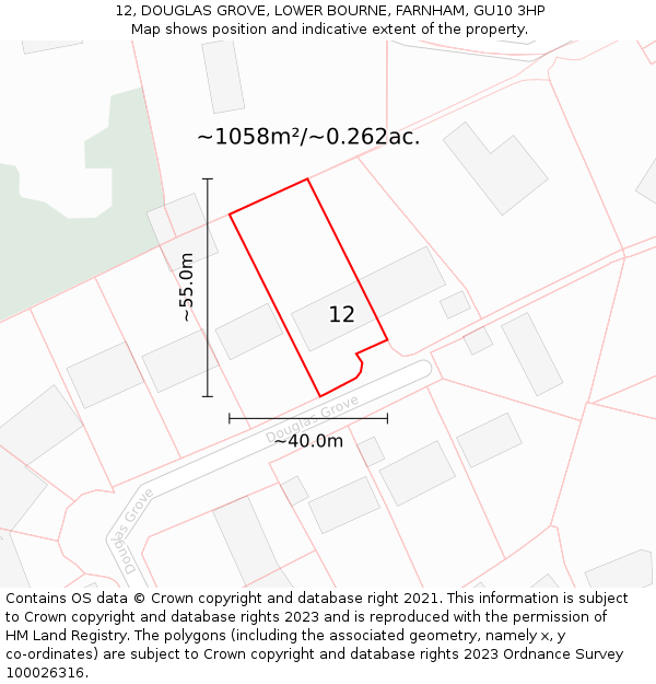 12, DOUGLAS GROVE, LOWER BOURNE, FARNHAM, GU10 3HP: Plot and title map