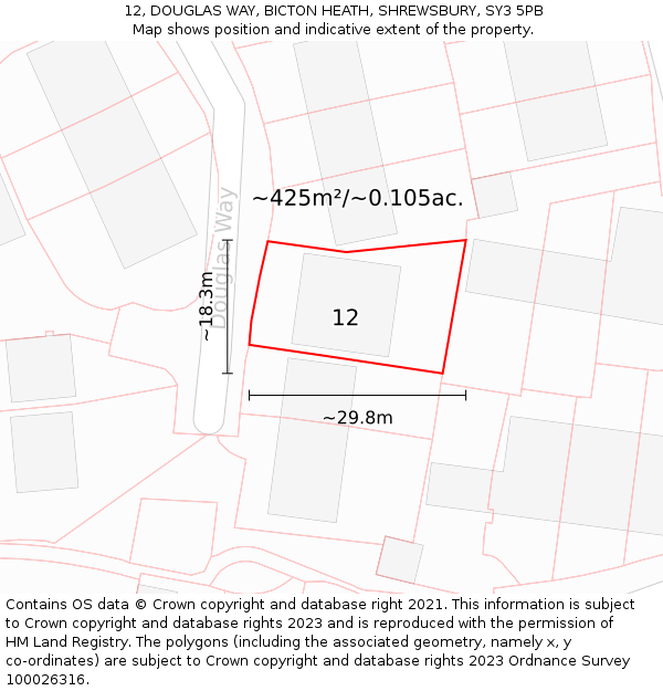 12, DOUGLAS WAY, BICTON HEATH, SHREWSBURY, SY3 5PB: Plot and title map