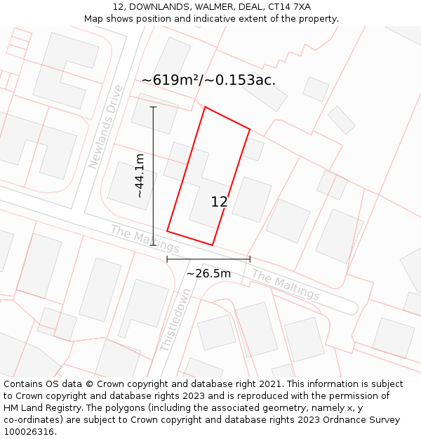 12, DOWNLANDS, WALMER, DEAL, CT14 7XA: Plot and title map