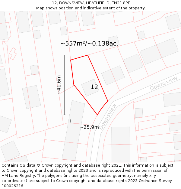 12, DOWNSVIEW, HEATHFIELD, TN21 8PE: Plot and title map