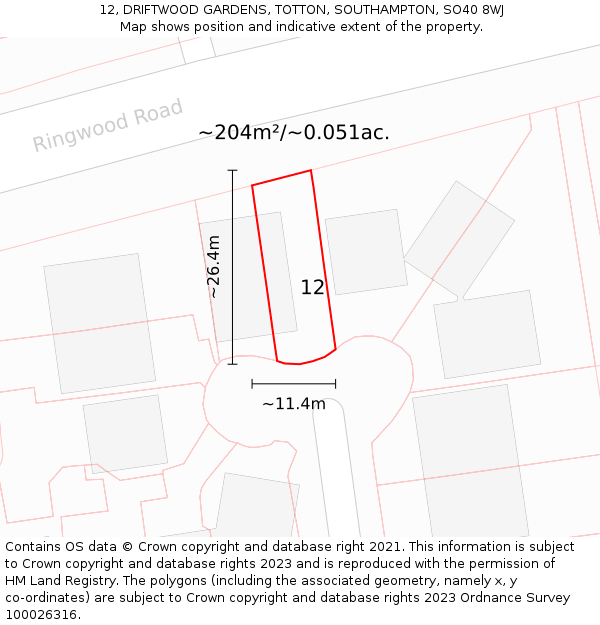 12, DRIFTWOOD GARDENS, TOTTON, SOUTHAMPTON, SO40 8WJ: Plot and title map