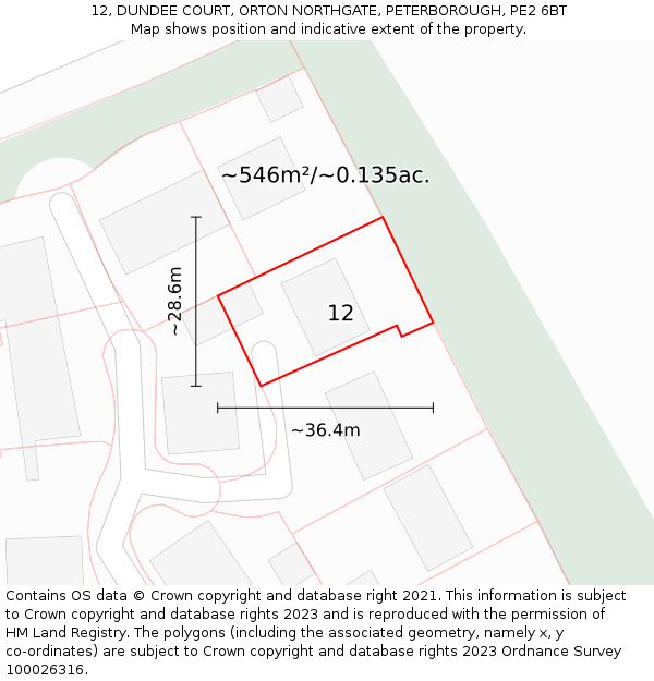 12, DUNDEE COURT, ORTON NORTHGATE, PETERBOROUGH, PE2 6BT: Plot and title map