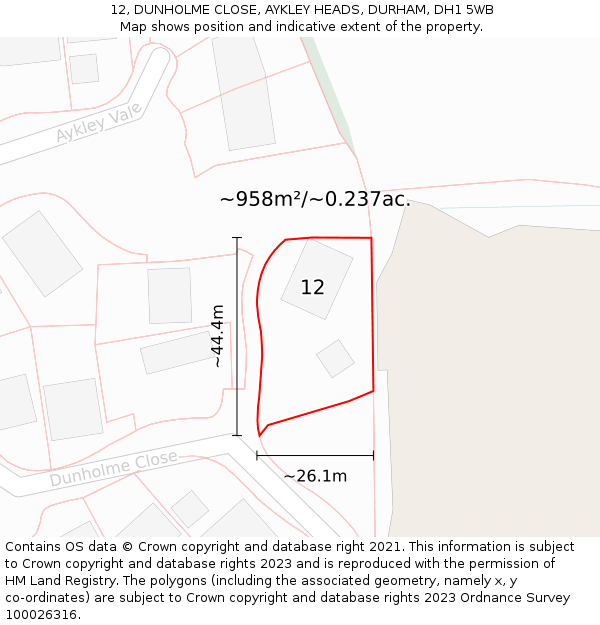 12, DUNHOLME CLOSE, AYKLEY HEADS, DURHAM, DH1 5WB: Plot and title map