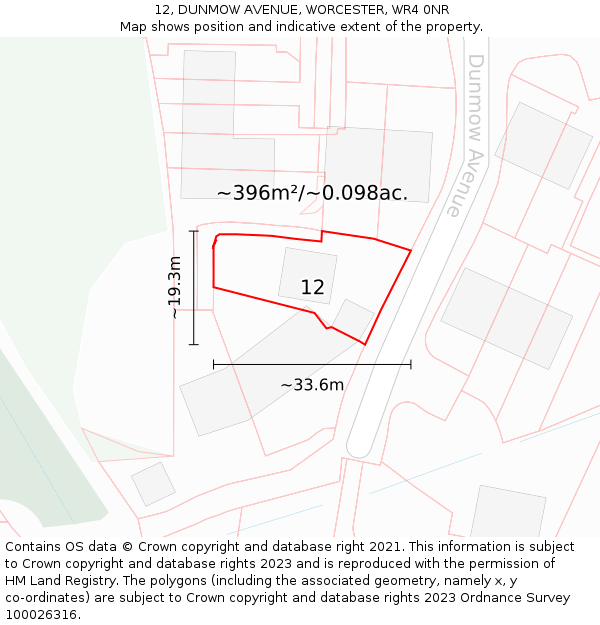 12, DUNMOW AVENUE, WORCESTER, WR4 0NR: Plot and title map