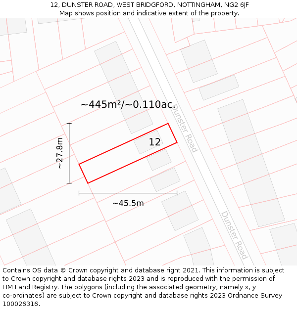 12, DUNSTER ROAD, WEST BRIDGFORD, NOTTINGHAM, NG2 6JF: Plot and title map