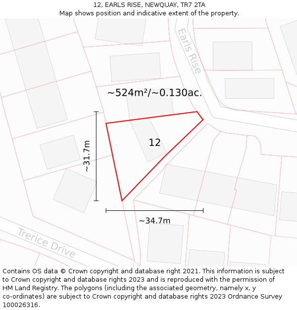 12, EARLS RISE, NEWQUAY, TR7 2TA: Plot and title map