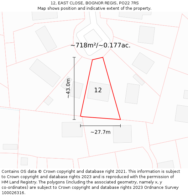 12, EAST CLOSE, BOGNOR REGIS, PO22 7RS: Plot and title map