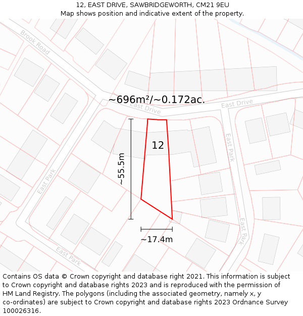 12, EAST DRIVE, SAWBRIDGEWORTH, CM21 9EU: Plot and title map