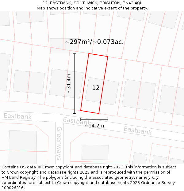 12, EASTBANK, SOUTHWICK, BRIGHTON, BN42 4QL: Plot and title map