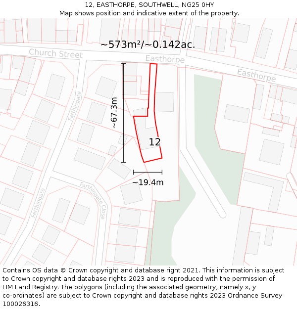 12, EASTHORPE, SOUTHWELL, NG25 0HY: Plot and title map