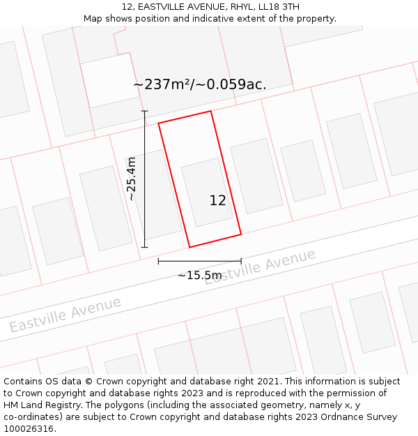 12, EASTVILLE AVENUE, RHYL, LL18 3TH: Plot and title map