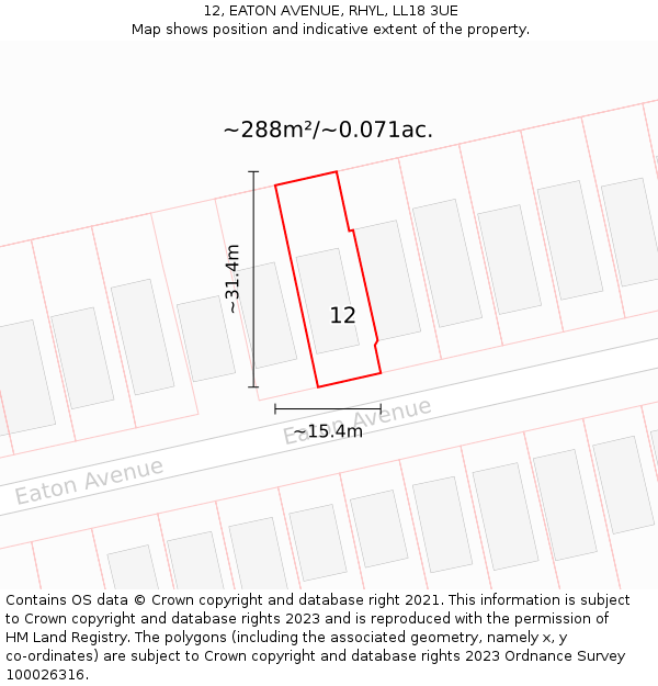 12, EATON AVENUE, RHYL, LL18 3UE: Plot and title map