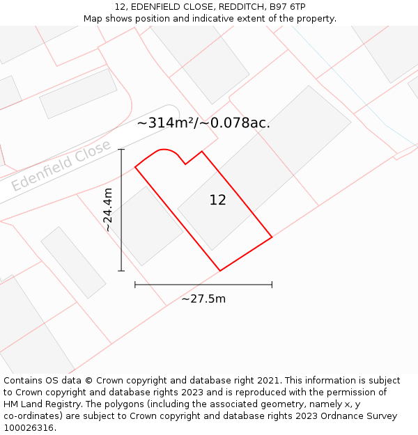 12, EDENFIELD CLOSE, REDDITCH, B97 6TP: Plot and title map