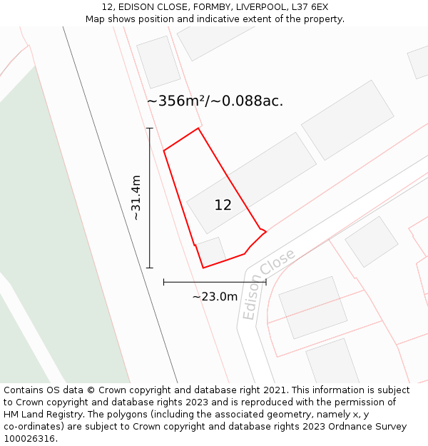 12, EDISON CLOSE, FORMBY, LIVERPOOL, L37 6EX: Plot and title map