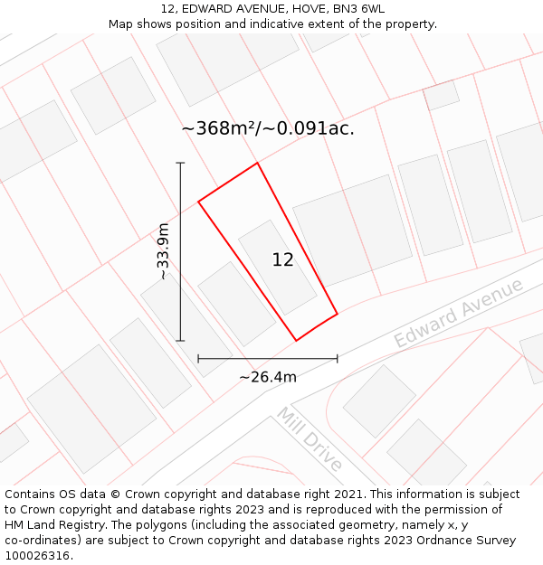 12, EDWARD AVENUE, HOVE, BN3 6WL: Plot and title map