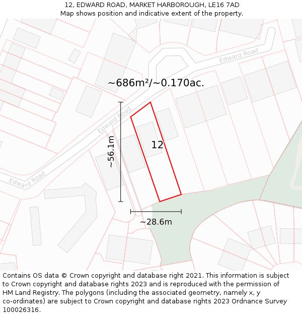 12, EDWARD ROAD, MARKET HARBOROUGH, LE16 7AD: Plot and title map