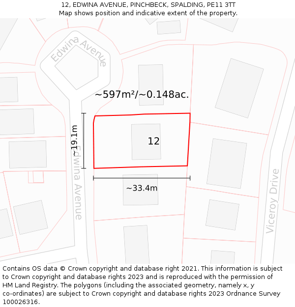 12, EDWINA AVENUE, PINCHBECK, SPALDING, PE11 3TT: Plot and title map