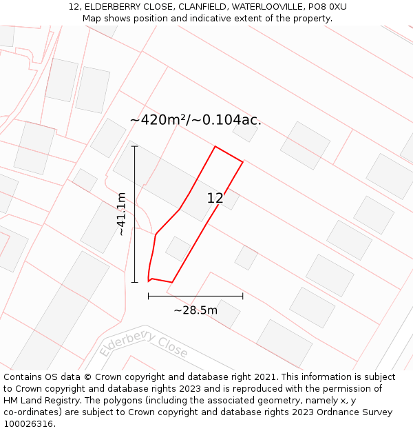 12, ELDERBERRY CLOSE, CLANFIELD, WATERLOOVILLE, PO8 0XU: Plot and title map