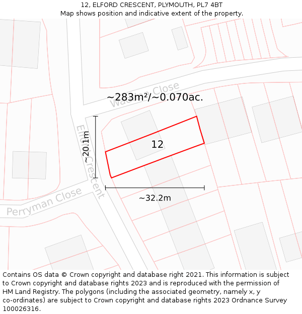 12, ELFORD CRESCENT, PLYMOUTH, PL7 4BT: Plot and title map