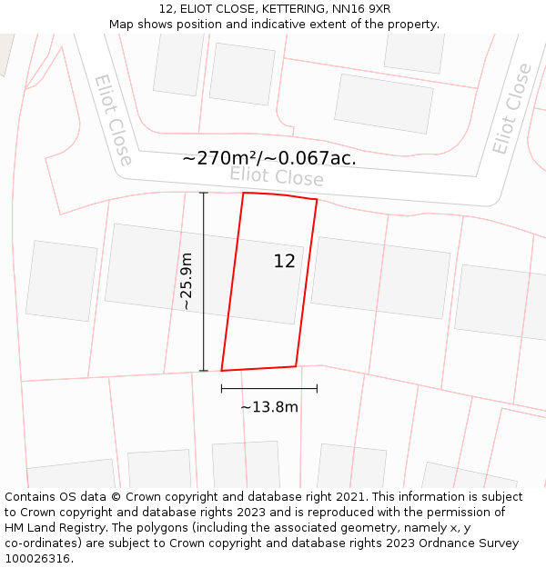 12, ELIOT CLOSE, KETTERING, NN16 9XR: Plot and title map