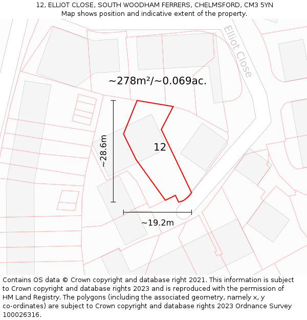 12, ELLIOT CLOSE, SOUTH WOODHAM FERRERS, CHELMSFORD, CM3 5YN: Plot and title map