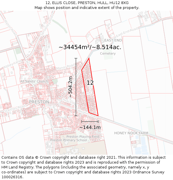 12, ELLIS CLOSE, PRESTON, HULL, HU12 8XG: Plot and title map