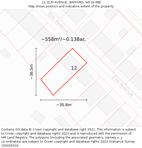 12, ELM AVENUE, WATFORD, WD19 4BE: Plot and title map